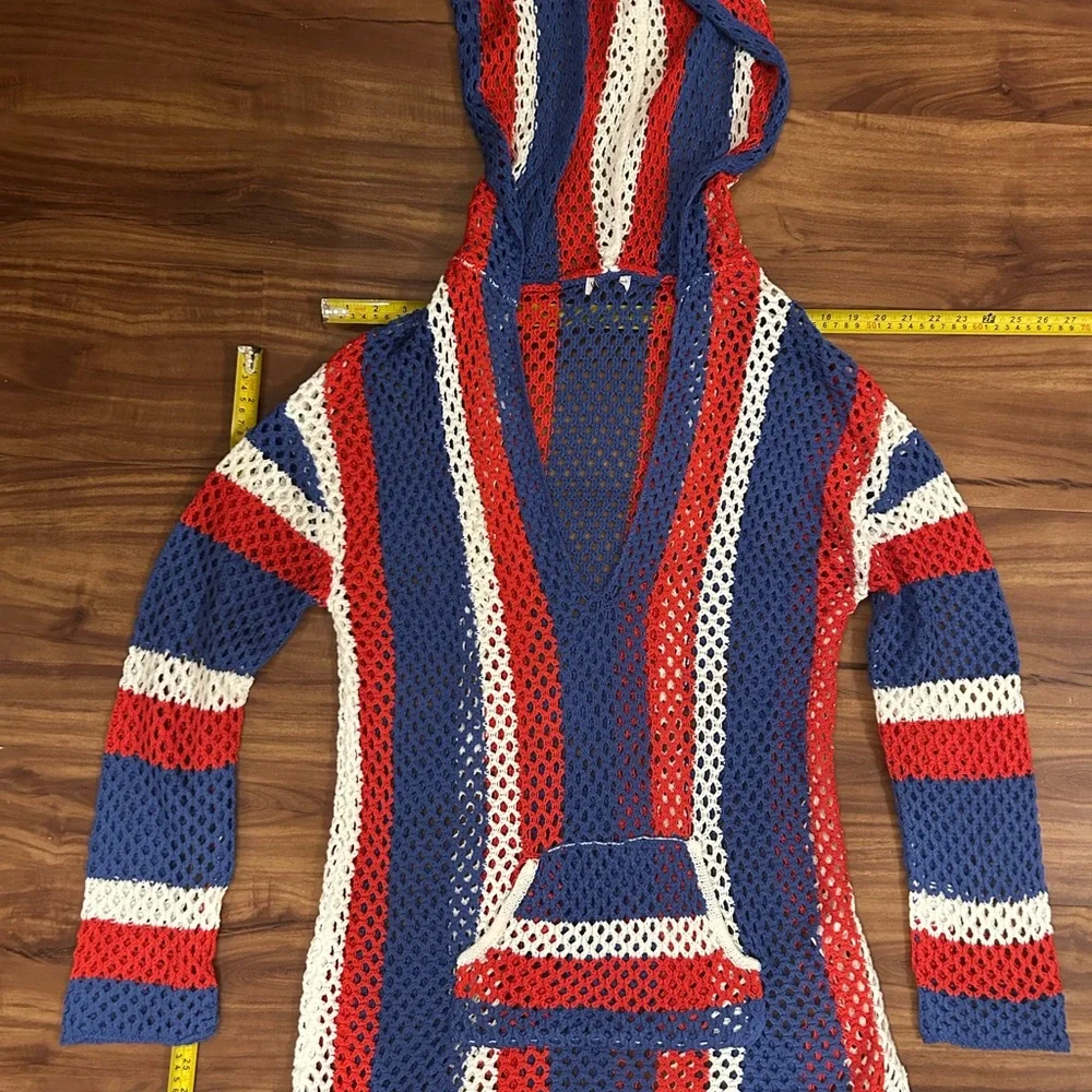 Venus Red White Blue USA Striped Crochet Hoodie Knit Swim Cover-Up Dress - Picture 3 of 9